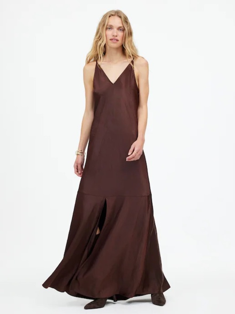 MADEWELL Satin Sleeveless Maxi Slip Dress Brown Dark Carob V-Neck 12 L XL Resort